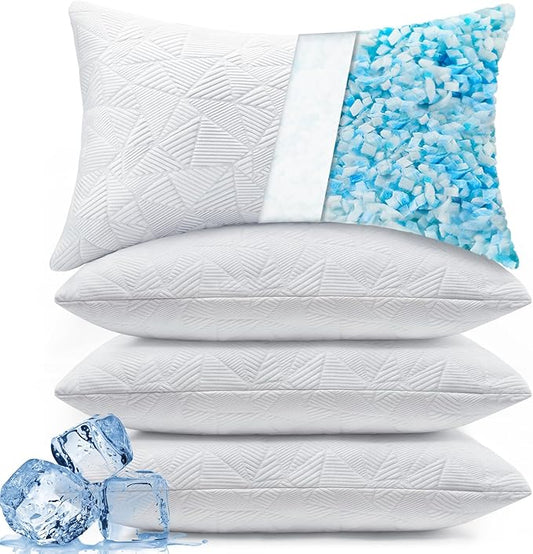 BETU Cooling King Size Pillows Set of 4, Shredded Memory Foam Bed Pillows for Sleeping, Adjustable Firm Cool Pillow for Neck Pain and Side Sleeper, White
