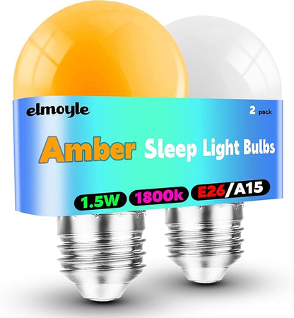 Amber Sleep Light Bulbs 1800k, 1.5W Low Watt Warm Light Bulb 15 Watt Equivalent, A15 Amber Light 130lm, E26 Low Brightness Night Light for Healthy Sleep, Bedroom, Baby Nursery, Non-Dimmable, 2 Pack
