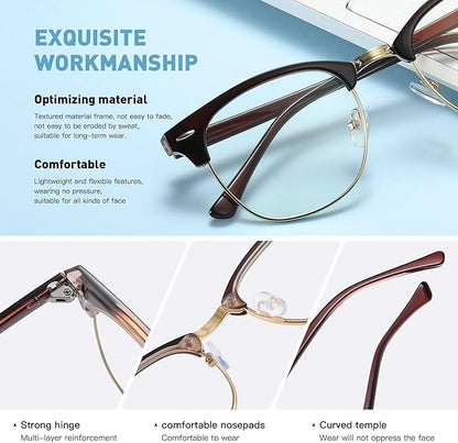 Blue Light Blocking Glasses Vintage Half Frame UV Clear Lens Anti Eyestrain Computer Gaming Glasses for Women Men(P51)