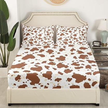 Rustic Cowhide Fitted Sheet,Farmhouse Brown Beige Cow Fur Print Soft Decorative Fabric Bedding Western Cowboy Animal Skin Graffiti Pocket Twin Size with 1 Pillowcase