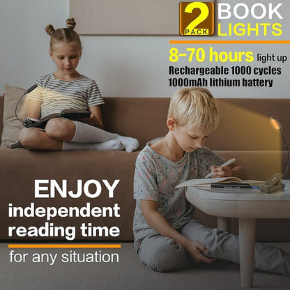 VAVOFO Amber Rechargeable Book Lights, Blue Light Blocking Reading Lights, 7 LEDs Eye Care 9 Colors 9 Brightness Clip On for Bookworms with Power Indicator Lasting 70h (2-Pack, Black)