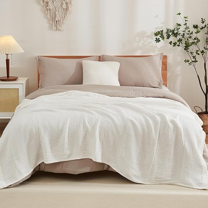 EMME Cotton Blanket Queen Size for Bed Soft Large Muslin Bed Bedspread 90"x90" Lightweight Breathable White Blanket All Season Gauze, White