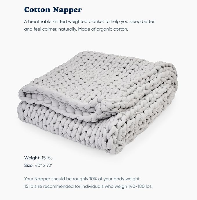 Bearaby Cotton Hand-Knit Weighted Blankets for Adults - Chunky Knit Blanket - Sustainable, Breathable, Organic, Cooling Weighted Blanket - Machine Washable (Moonstone Grey, 15 lbs, 40"x72")