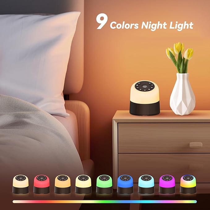 White Noise Machine with 32 Soothing Sounds, 9 Colors Night Lights, Auto-Off Timer, Adjustable Volume, Sleep Sound Machine for Babys, Kids, Adults