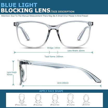 Blue-Light Blocking Glasses Computer Reading/Gaming/TV/Phones Glasses Fashion Anti Eyestrain UV Glasses for Women Men（A4 Gray + Transparent）