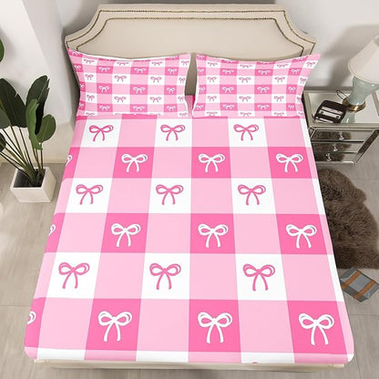 Kawaii Bow Bed Cover(1 Fitted Sheet+1 Pillow Case),Dreamy Princess Bowknot Hand Graffiti Bedding Set for Kids Girls,Geometric Pink White Stripes Plaids Patchwork Sheet Set,3Pcs Full Size
