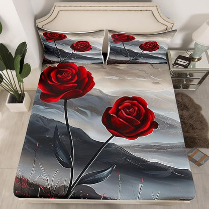 Manfei Red Roses Bed Sheet Set for Kids,Aesthetic Natural Mount Paint Sheets Set,Romantic Blooming Flowers Home Decor Sheet Sets with Deep Pocket,Top Flat Sheet,Twin Size