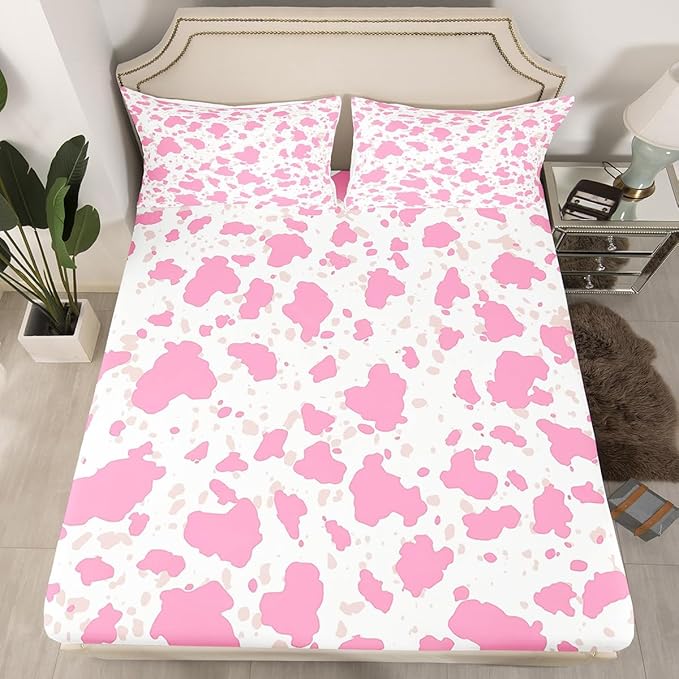 Pink Cowhide Bedding Set Full Size,Rustic Farmhouse Animal Fur Pattern Fitted Sheet,Western Cowgirl Cow Fur Print Sheet Set for Kids Teens Adults Bedroom Decor,2 Pillowcases