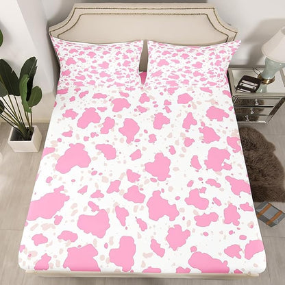 Pink Cowhide Bedding Set Full Size,Rustic Farmhouse Animal Fur Pattern Fitted Sheet,Western Cowgirl Cow Fur Print Sheet Set for Kids Teens Adults Bedroom Decor,2 Pillowcases