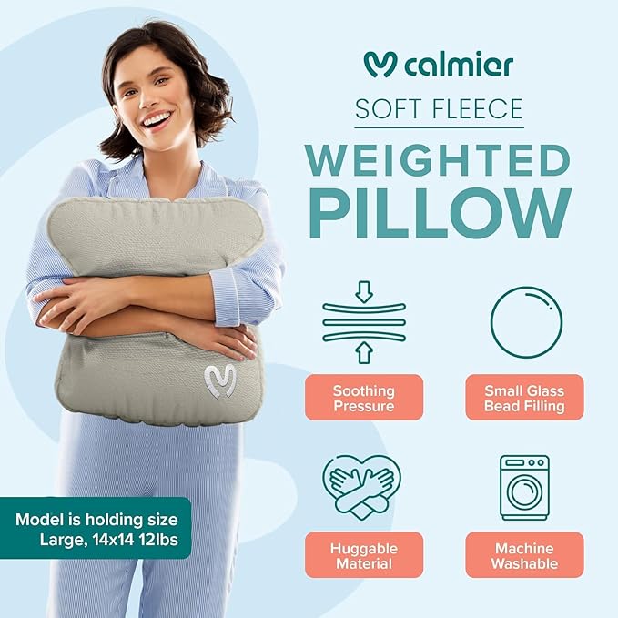 Calmier - 12 lb Sensory Weighted Pillow - Glass Bead Filled Hug Pillow - Ultra Plush Cozy Weight Sensory Pillows for Adults and Kids - Weighted Lap Pad (Tan- Fleece, 12 LBS)