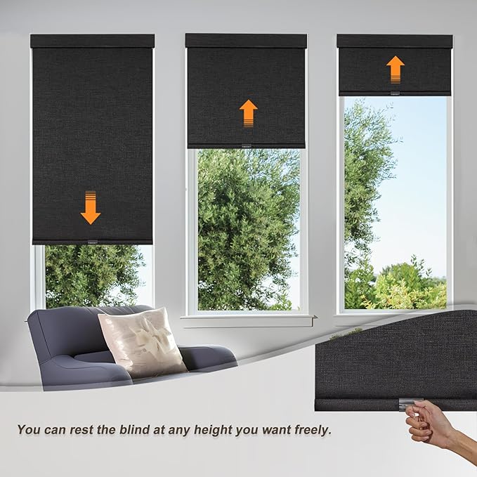 Persilux Custom Size Free-Stop Cordless Blinds for Indoor Windows with Cover, Window Shades Blackout Roller Blinds, Thermal Insulated Fabric UV Protection for Kitchen, Office, Living Room, Black