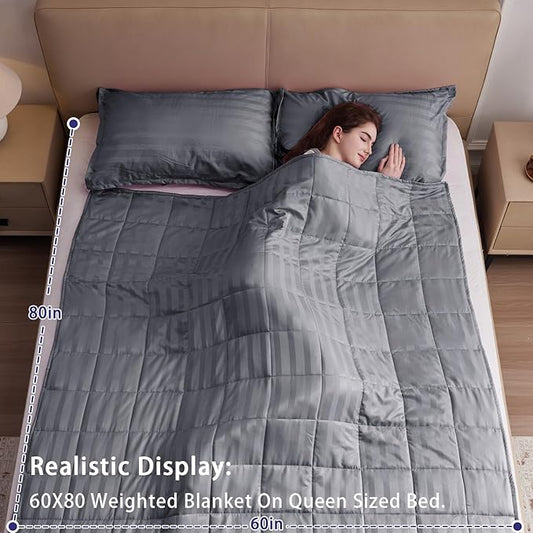 yescool Weighted Blanket for Adults (20 lbs, 60" x 80", Satin Grey Stripes) Heavy Blanket for Sleeping Perfect for 190-210 lbs, Queen Size Breathable Blanket with Premium Glass Bead, Machine Washable
