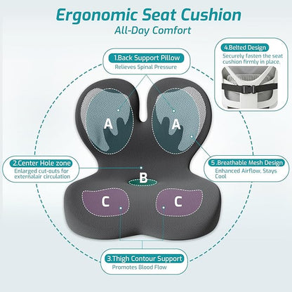 Trucker Seat Cushion, Car Seat Cushion Memory Foam Ergonomic Lumbar & Tailbone Support Pillow for Hemorrhoid, Coccyx & Sciatica Relief, for RV, SUV, Office Chair, Wheelchair (White Wings)