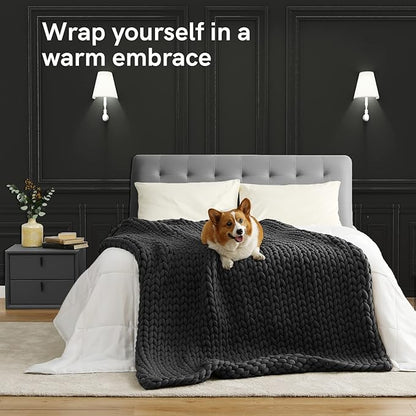 YnM Weighted Blanket, Handmade Chunky Yarn Knitted Design, Soft and Cozy, Temperature Regulating and Breathable, Machine Washable Throw for Sleep or Home Decor (Dark Grey, 60x80 Inch, 15lbs)