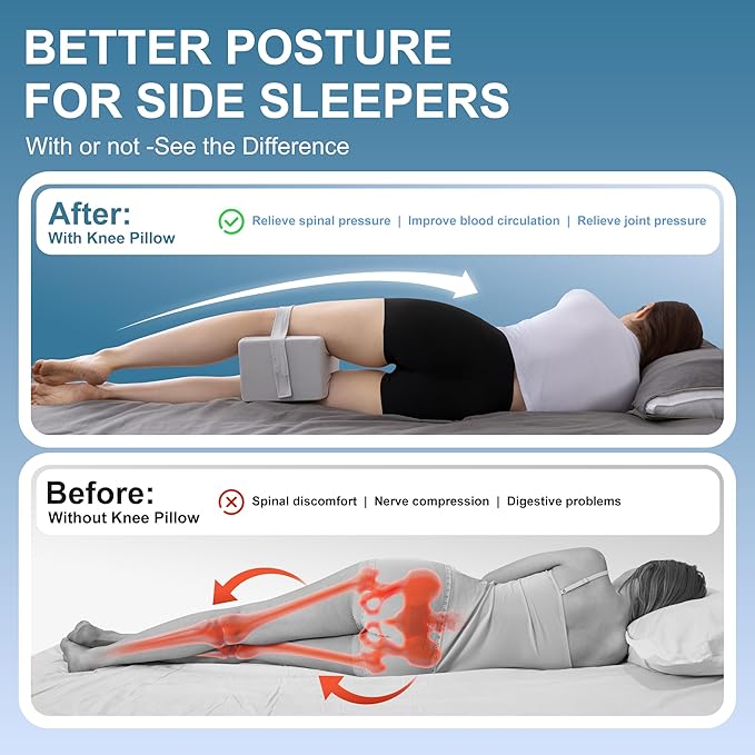 Knee Pillow for Side Sleepers,Leg Pillow for Sciatica,Back,HIPS,Knees,Joints Pain Relief,Pillows for Between Legs While Sleeping Spine Alignment Support & Relieves Pressure,Basic Strap,Arctic Gray