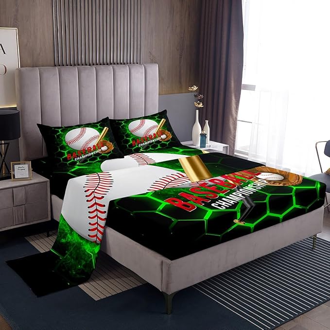Manfei Baseball Sheet Set King Size, Sports Theme Bed Sheet Set 4pcs with Deep Pocket Fitted Sheet + Flat Sheet + 2 Pillowcases, Green Honeycomb Geometric Bedding Set for Kids Boys Adults Room Decor