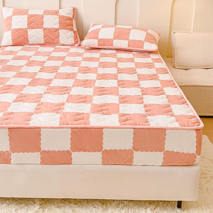Milk Velvet Checkered Bedding Mattress Cover, Super Soft Elastic Bed Sheets with Pillowcase - Washable 12'' Deep Pocket Mattress Pad