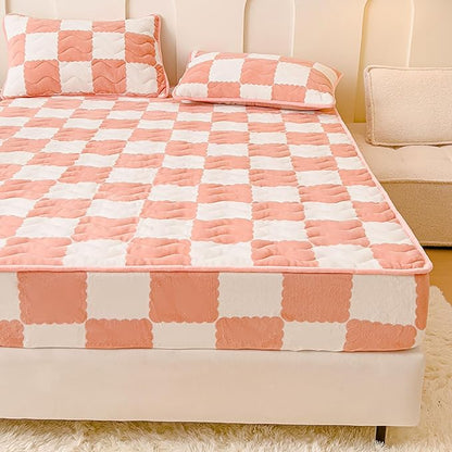 Milk Velvet Checkered Bedding Mattress Cover, Super Soft Elastic Bed Sheets with Pillowcase - Washable 12'' Deep Pocket Mattress Pad