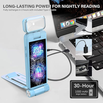 Rechargeable Clip-On Book Light with Battery Indicator - 9 Modes (3 Color × 3 Brightness), USB-C Fast Charge, Ultralight 1.6 oz & 0.49" Slim, Bed Reading Lamp Stocking Stuffer for Book Lovers, Blue