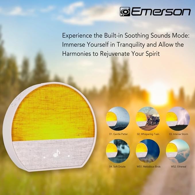 Emerson CKSS7801WM Sunrise Smartset Alarm Clock with White Noise, 4 Soothing Sounds and 2 Wake up Sounds, 8-Color Dimmable LED, Bluetooth Speaker, White with Tan