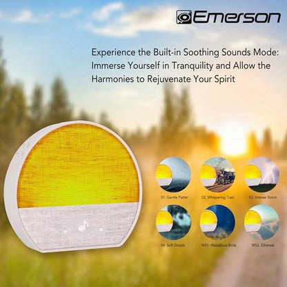 Emerson CKSS7801WM Sunrise Smartset Alarm Clock with White Noise, 4 Soothing Sounds and 2 Wake up Sounds, 8-Color Dimmable LED, Bluetooth Speaker, White with Tan