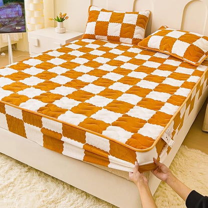 Milk Velvet Checkered Bedding Mattress Cover, Super Soft Elastic Bed Sheets with Pillowcase - Washable 12'' Deep Pocket Mattress Pad