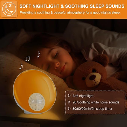 Noise Sound Machine with Sunrise Alarm Clock, Dual Alarms, FM Radio, Snooze, 26 White Noise Sounds, 8 Colors Night Light, 4 Sleep Timer- Ideal Gift for Kids, Adults, Heavy Sleepers