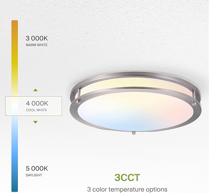 ASD LED 16" Round Flush Mount Lighting, Close to Ceiling Light Fixture | 3CCT, Dimmable, Energy Star, ETL Listed | 24W 1854LM 3000-5000K 120V | Low Profile Double Ring Lamp | Nickel, 2 Pack