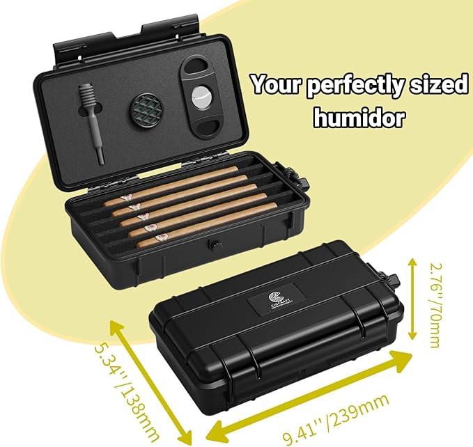 Cigar Humidor, ClGCRAFT Travel Cigar Humidor Box- Portable Cigar Case with Humidifier Disc, Waterproof, Essential Airtight Travel Humidor Kit for Cigar Aficionados (Holds up to 5 Cigars)