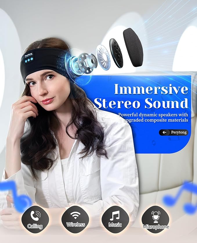 Perytong Sleep Headphones Wireless, Bluetooth Sports Headband Headphones with Ultra-Thin HD Stereo Speakers Perfect for Sleeping,Workout,Jogging,Yoga,Insomnia, Air Travel, Meditation (Black)