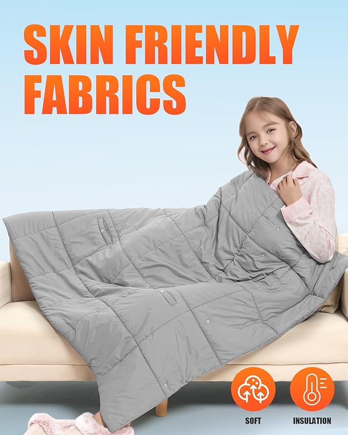 Kids Heated Blanket Battery Operated - Boys and Girls 7.4V DC Portable Cordless USB Heating Blanket for Outdoors (Grey)