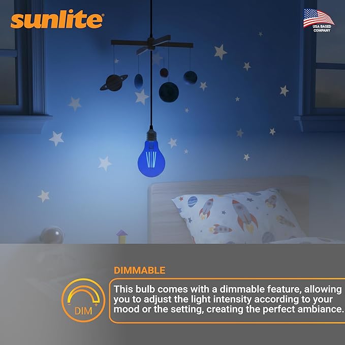 Sunlite 81080 LED Colored Filament A19 Light Bulb, 4.5 Watts, Medium E26 Base, 120 Volts, Transparent Blue, Dimmable, 320 Degree Beam Angle, UL Listed, 2 Count
