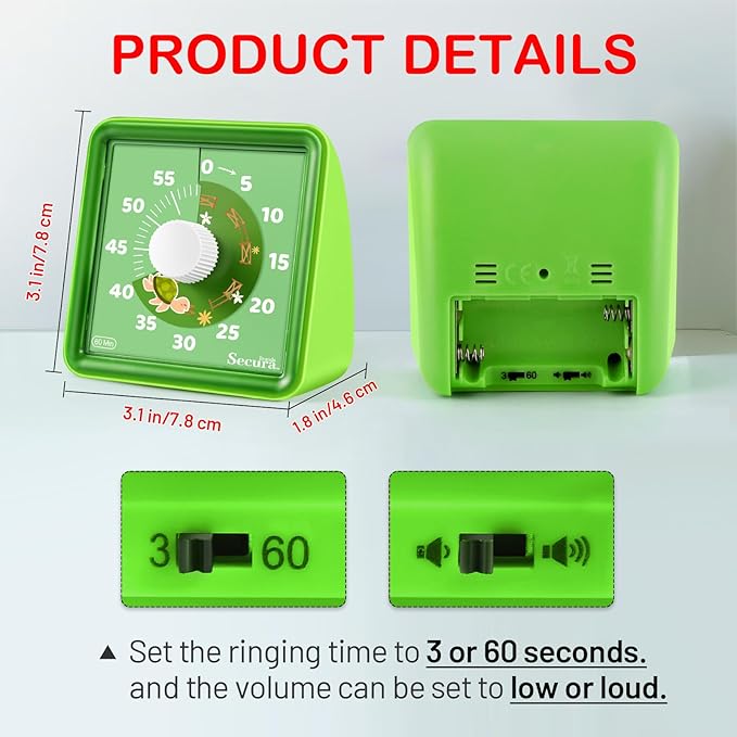 Secura 60-Minute Visual Countdown Timer for Kids & Adults, Classroom Time Management Tool (Green & Green)