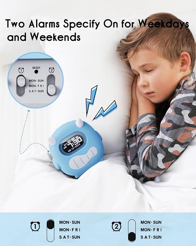 Monster Vibrating Alarm Clock - 3000mAh Rechargeable Battery 120-Day, Strong Vibration for Heavy Sleepers, Cute Emoji Faces, Dual Alarms, Portable Bed Shaker Perfect for Kids, Travel and Dorm Rooms