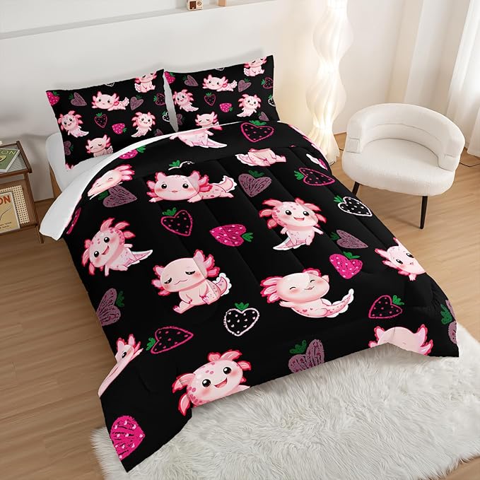 Cute Axolotl Bedding Set Queen Size,Pink Axolotl Strawberry Printed Comforter Sets Aesthetic Bedding for Kids Girls,Beach Coastal Animal Themed Comforter Sets with 2 Pillowcases.