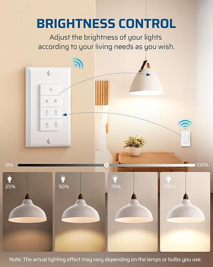 DEWENWILS Wireless Dimmer Switch, Electrical Light Switch, Magnetic Remote Control Dimmer, Tungsten 400W, Dimmable LED 150W, 4 Brightness Buttons, Needs Neutral Wire, No Hub Required, ETL Listed