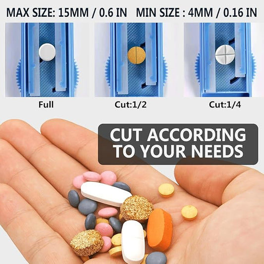 JohnBee Pill Cutter Splitter for Small and Tiny Pills. Adjustable Pill Splitter Accurately Cuts Multiple Pills at Once. Sharp Blade with Safety Guard. Non-Slip Silicone Edge (Dark Blue)