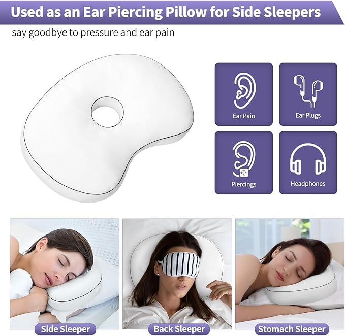 Ear Piercing Pillow - Side Sleeper Support with 3.5" Ear Hole Relief, Hypoallergenic Velvet Orthopedic Pillow for Healing Piercings