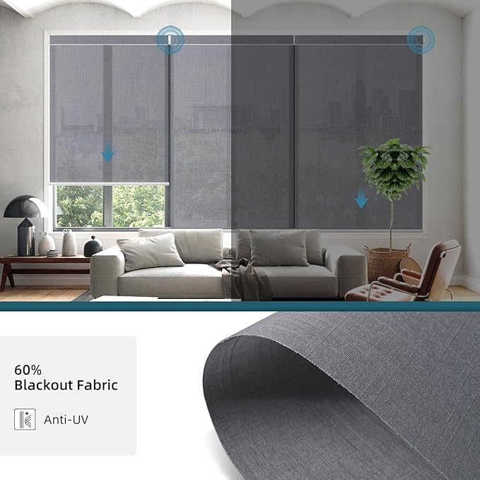Motorized Light Filtering Roll Shade Work with HomeKit, 60% Blackout Smart Blinds for Windows, Electric Blinds with Remote, APP/Voice Control, Automatic Solar Shades,Dark Veil