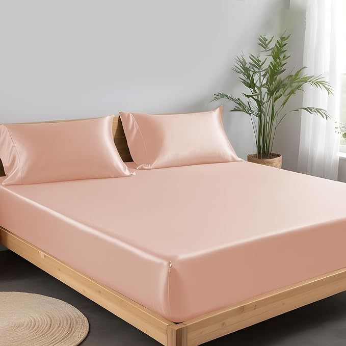 LINENWALAS Fitted Sheet Only Viscose Derived from Bamboo, Bottom Sheet for King Size Bed – 16” Deep Pocket, All Around Snug Fit – Cooling, Breathable, Soft, Hypoallergenic (Rose Gold, King)