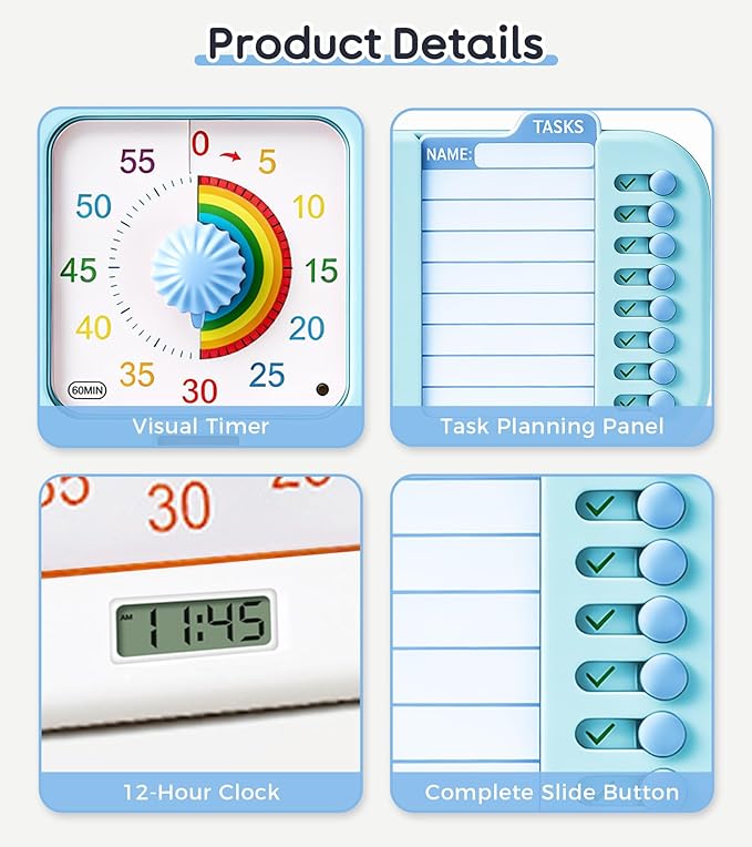 3-in-1 Visual ADHD Timer for Kids & Adults with Planning Board, Task Timer, Chore Chart & Visual Schedule Planner, Autism & ADHD Tools with Checklist for Homeschool Supplies, Home, School (Blue)