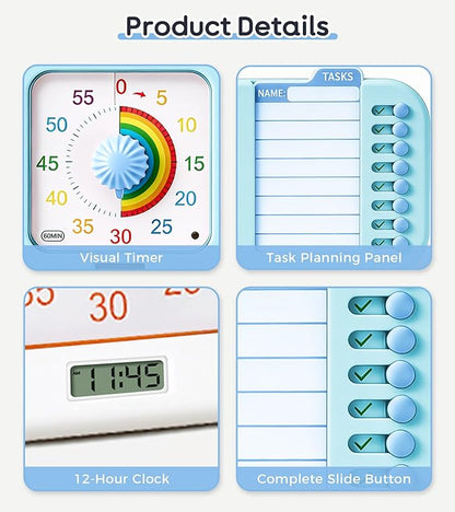 3-in-1 Visual ADHD Timer for Kids & Adults with Planning Board, Task Timer, Chore Chart & Visual Schedule Planner, Autism & ADHD Tools with Checklist for Homeschool Supplies, Home, School (Blue)