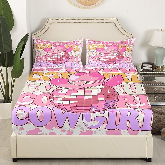 Western Cowgirl Fitted Sheet,Full Size Pink Cowboy Hat Glitter Planet Ball Collections,Rustic Pink Cowhide Cow Fur Print Bedding Deep Pocket for Children Teens Young with 2 Pillowcases