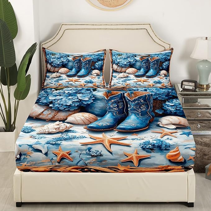 Western Cowboy Fitted Sheet,Blue Tribal Boots Flowers Beach Starfish Shell Conch Soft Decorative Fabric Bedding Rustic Farmhouse Wooden Plank Pocket Twin Size with 1 Pillowcase
