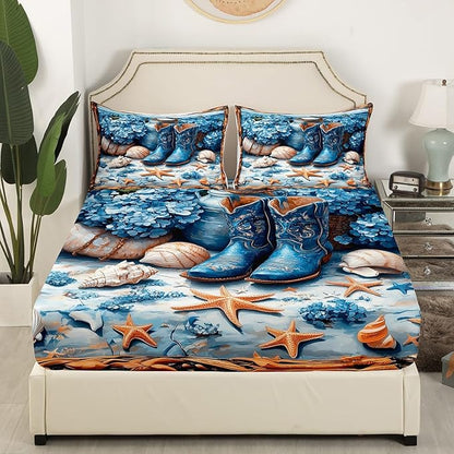 Western Cowboy Fitted Sheet,Blue Tribal Boots Flowers Beach Starfish Shell Conch Soft Decorative Fabric Bedding Rustic Farmhouse Wooden Plank Pocket Twin Size with 1 Pillowcase