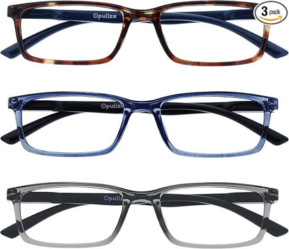 OPULIZE SEE Reading Glasses with Blue Light Blocking for Women and Men, Narrow Frame, Spring Hinges, Computer Gaming Glasses, Brown,Blue,Grey +1 (Pack of 3)