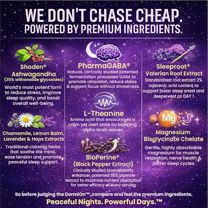 DormiOn™ Sleep + Restore Melatonin-Free Sleep Aid with Clinically-Proven Shoden® Ashwagandha, PharmaGABA®, Sleeproot® Valerian Root, L-Theanine, Mg., BioPerine® and 4 other Herbs. No grogginess.