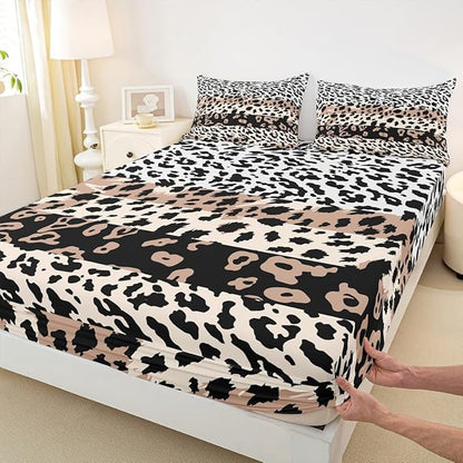 Manfei Leopard Sheet Set Twin,Cow Cowhide Fur Bed Sheet 3pcs with Deep Pocket Fitted Sheet + Flat Sheet + 1 Pillowcase Animal Fur Stripes Design Soft Brown Bedding Set for Kids Teens Adult