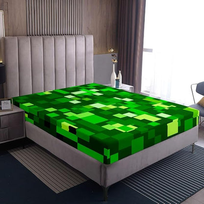 Pixelated Game Kids Queen Size Fitted Sheet,Video Games Abstract Gaming Boys Girls Bed Sheets,Geometric Gamepad Square Room Decor,Light Green Bedding Set,2 Pillowcases(No Flat)