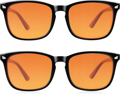 2 Packs Professional Sleep Glasses with 98.7% Blue Light Blocking Dual AR Coatings Amber Lens, Computer Gaming Glasses for Men Women, Anti Fatigue & Eye Strain